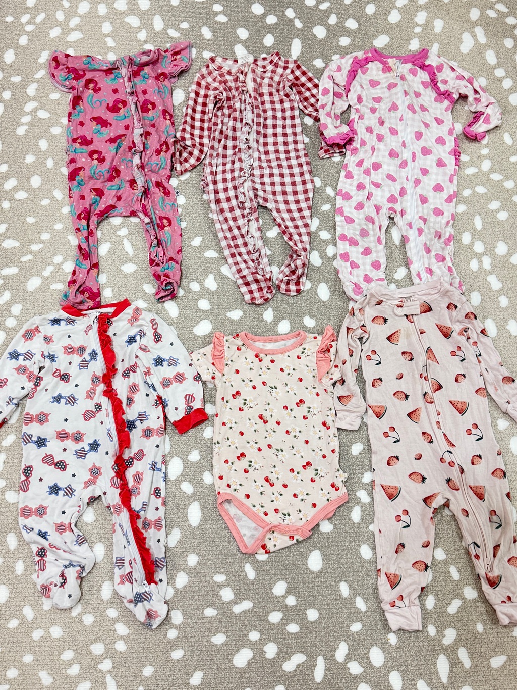 Lot Of 6 Bamboo Footies Baby Girl Colorful Print Zippy Ruffle Fruits Floral